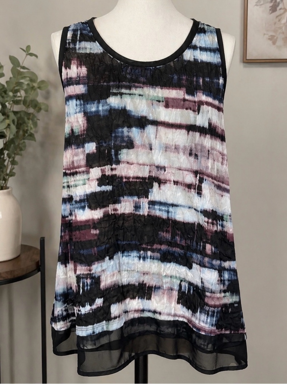 Simply Vera Vera Wang Black White Blue Tie-Dye Sleeveless Tank